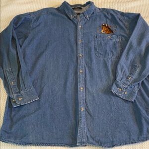 Vintage 90s Denim button down shirt horse appliqué Equestrian Grandmacore XL